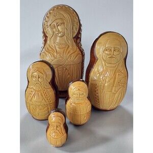Five Nesting Dolls Catholic Christian Signed Relief Carved Jesus Mary Joseph
